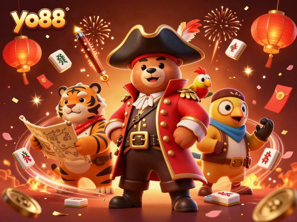 Join the action at yo88 with a vibrant 3D illustration showcasing a pirate captain bear and his fierce tiger mate in a treasure hunt.