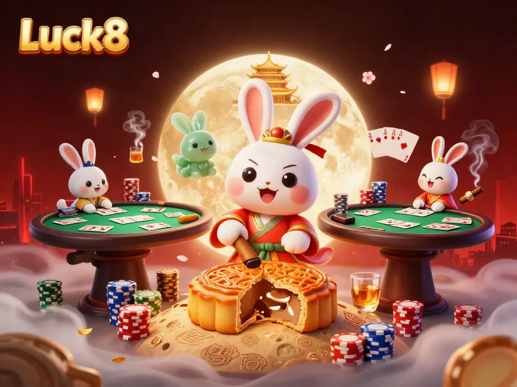 Experience the Luck8 excitement with a lively scene featuring a moon rabbit and casino elements.