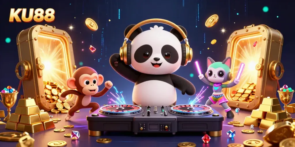Experience the excitement of KU88 Casino with vibrant characters and dynamic gambling elements in a lively digital scene.