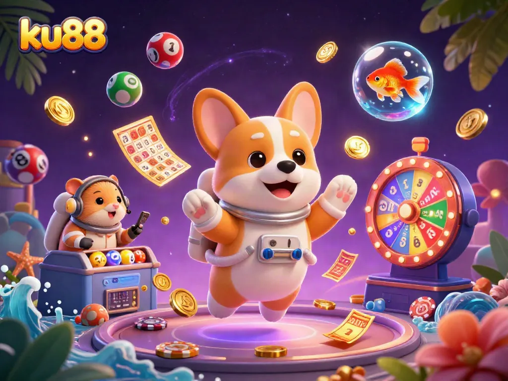 Engage with ku88's thrilling 3D casino adventure featuring vibrant floating elements and characters.