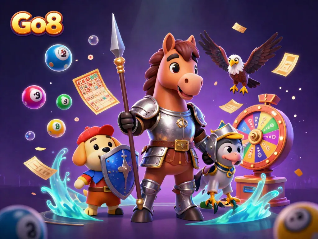 Experience thrilling games at Go8 with vibrant lottery elements, knights, and a squire in an engaging 3D illustration.