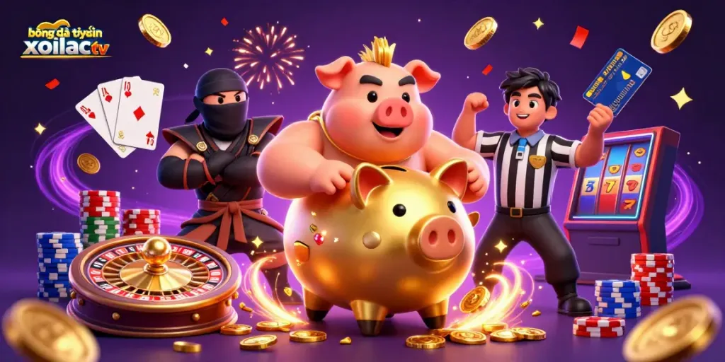 Bóng đá trực tuyến xoilac tv features a lively 3D illustration with a golden piggy bank sumo wrestler, ninja, and referee in a vibrant casino scene.