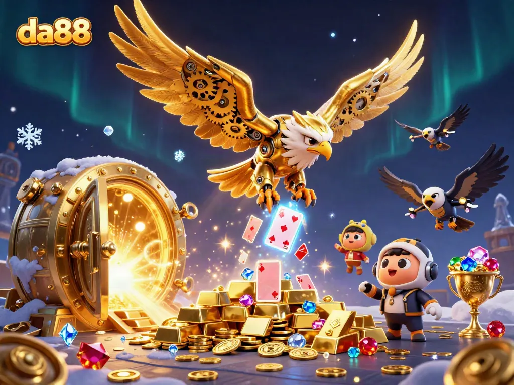 Experience da88's excitement with a cybernetic eagle diving through holographic cards, rich with treasures.