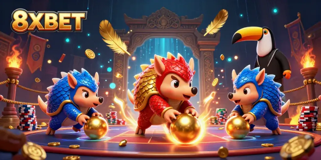 8XBET presenting a thrilling scene with rival pangolins bowling through poker chips in a vibrant casino setting.