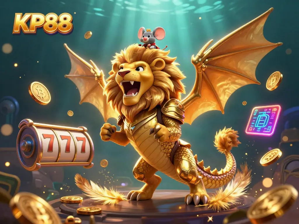 Experience KP88's majestic casino world with a roaring chimera and vibrant gaming elements.