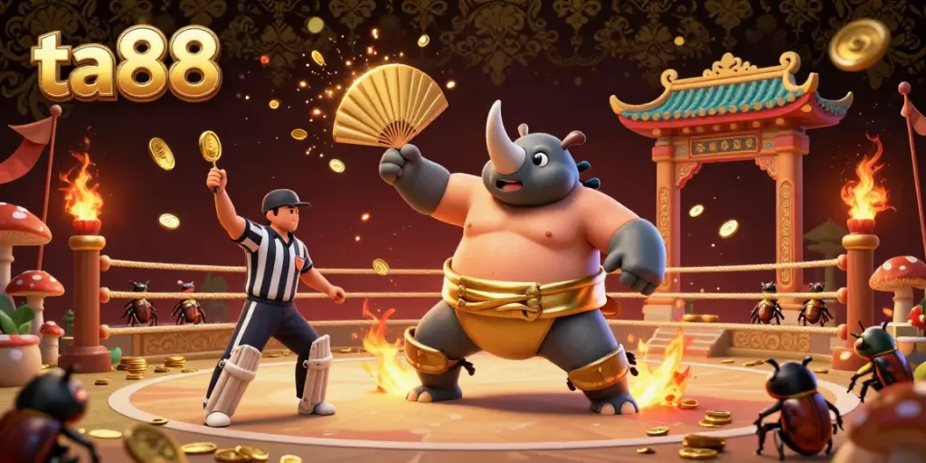 Experience thrilling gameplay at ta88 with a dynamic scene featuring a rhinoceros beetle champion amidst colorful casino elements.