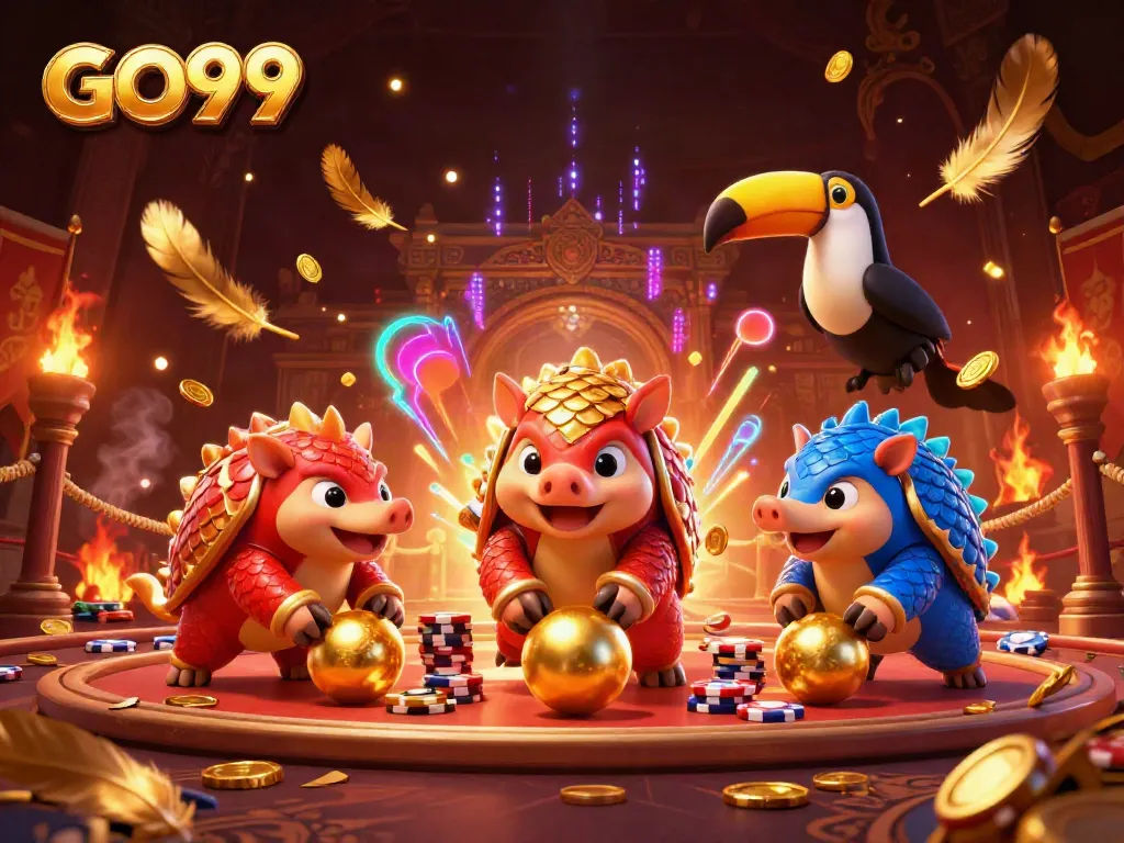 Competing pangolins in GO99 roll golden balls through poker chips in a vibrant casino arena.