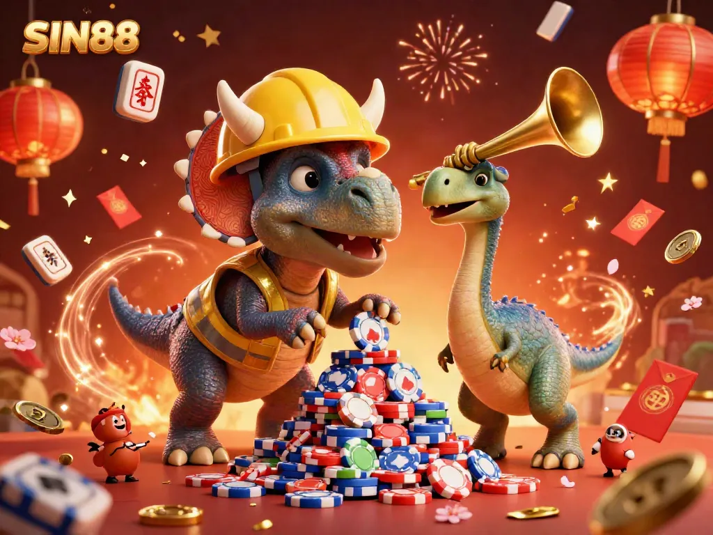 SIN88 brings excitement with a triceratops building poker chips amid festive atmosphere
