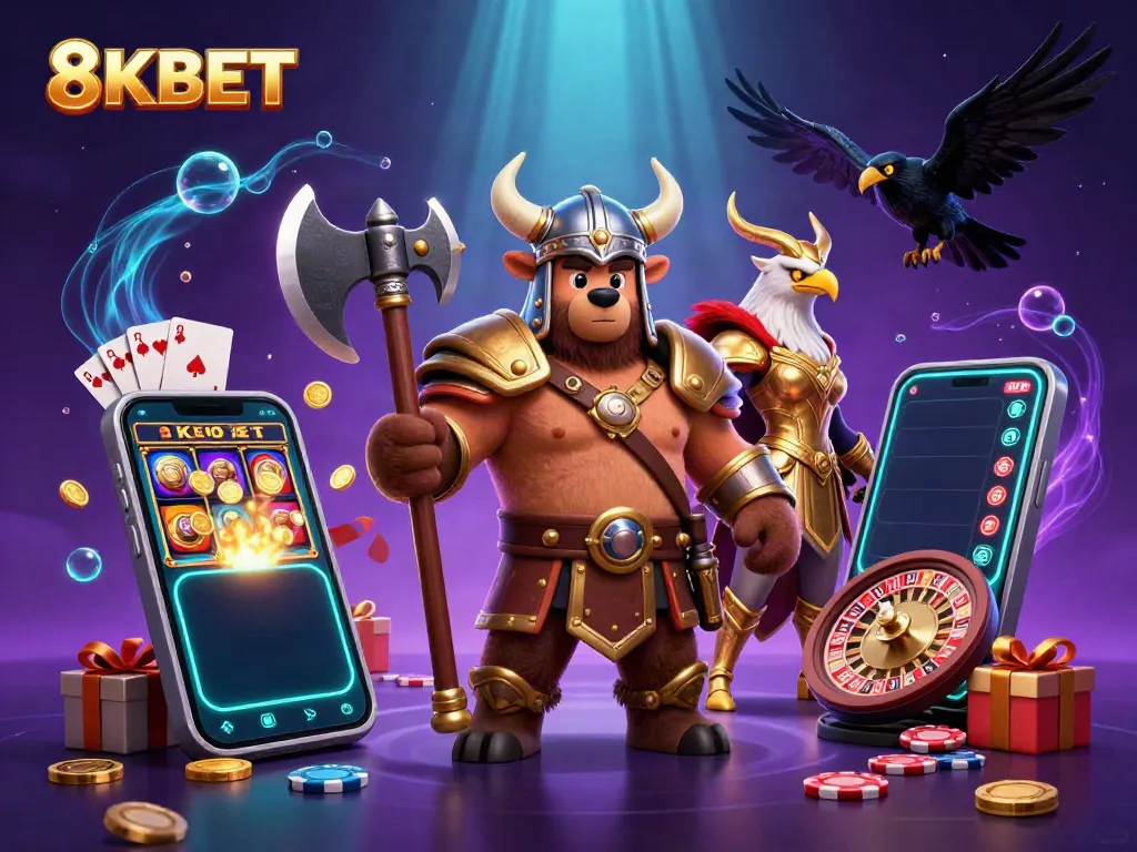 Experience the excitement of 8KBET's casino games with dynamic characters and immersive elements.
