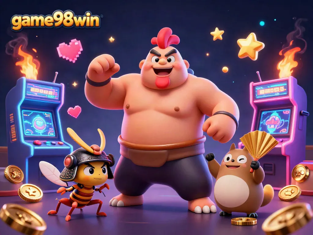 Experience the thrill of game98win with vibrant 3D casino characters amidst colorful game elements.