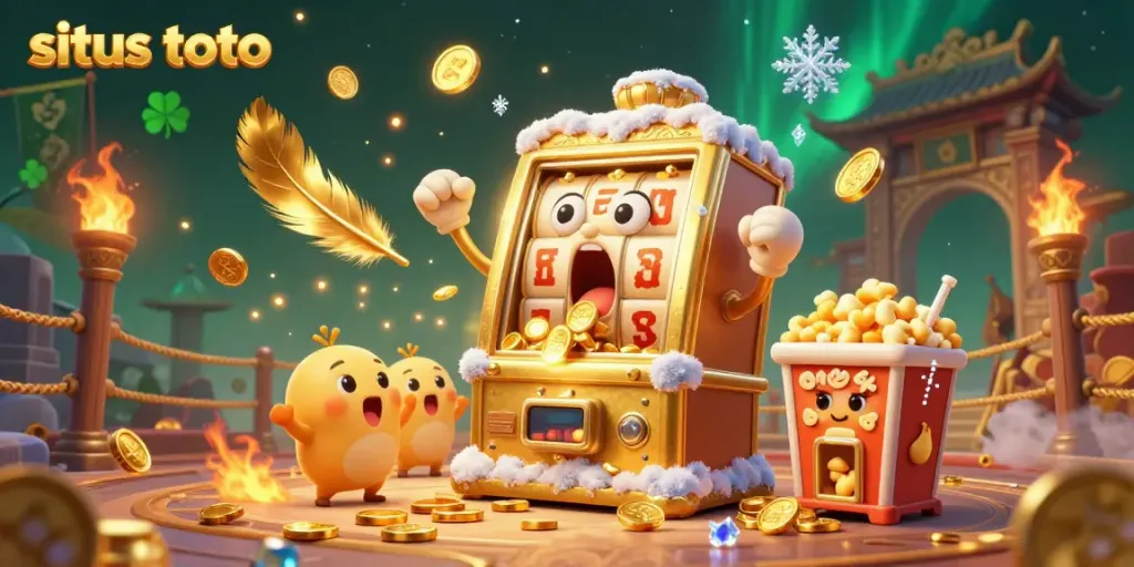Situs toto showcases a vibrant 3D slot machine celebrating a jackpot win amidst a festive casino backdrop.