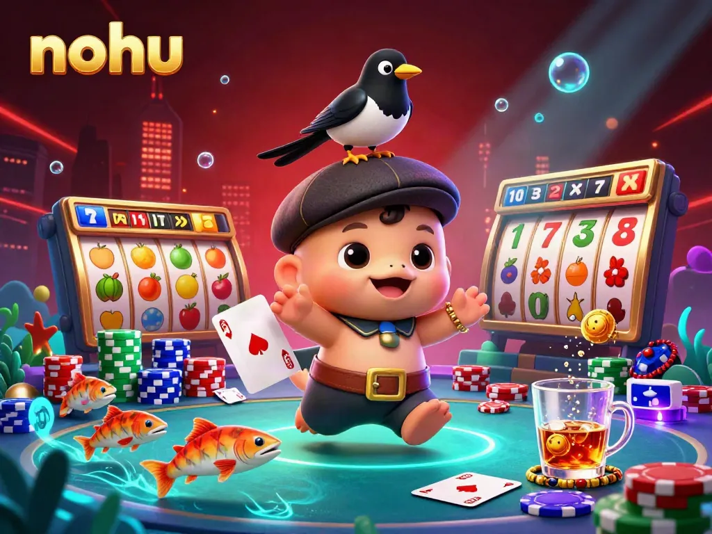 Experience win with nohu as baby Nessie celebrates jackpot surrounded by colorful slots and playful characters.