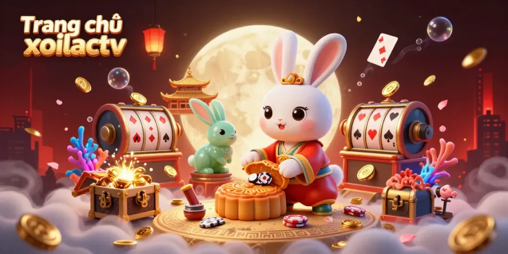 Engage in exciting gameplay at Trang chủ xoilactv with illustrated characters enjoying a vibrant casino atmosphere filled with gold and poker elements.