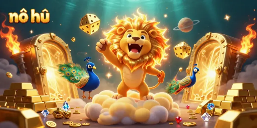 Engage in the exciting world of nổ hũ with a triumphant sun lion and golden treasures bursting with potential.