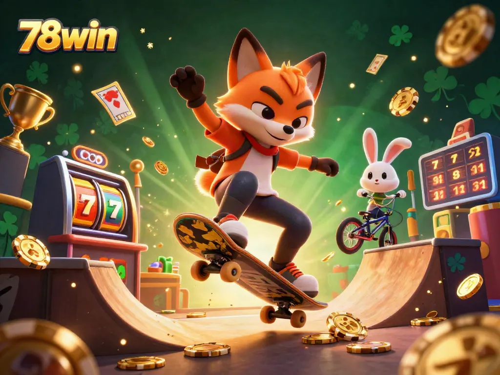 Experience the thrill of 78win with an engaging scene of vibrant cartoon characters amidst casino elements.