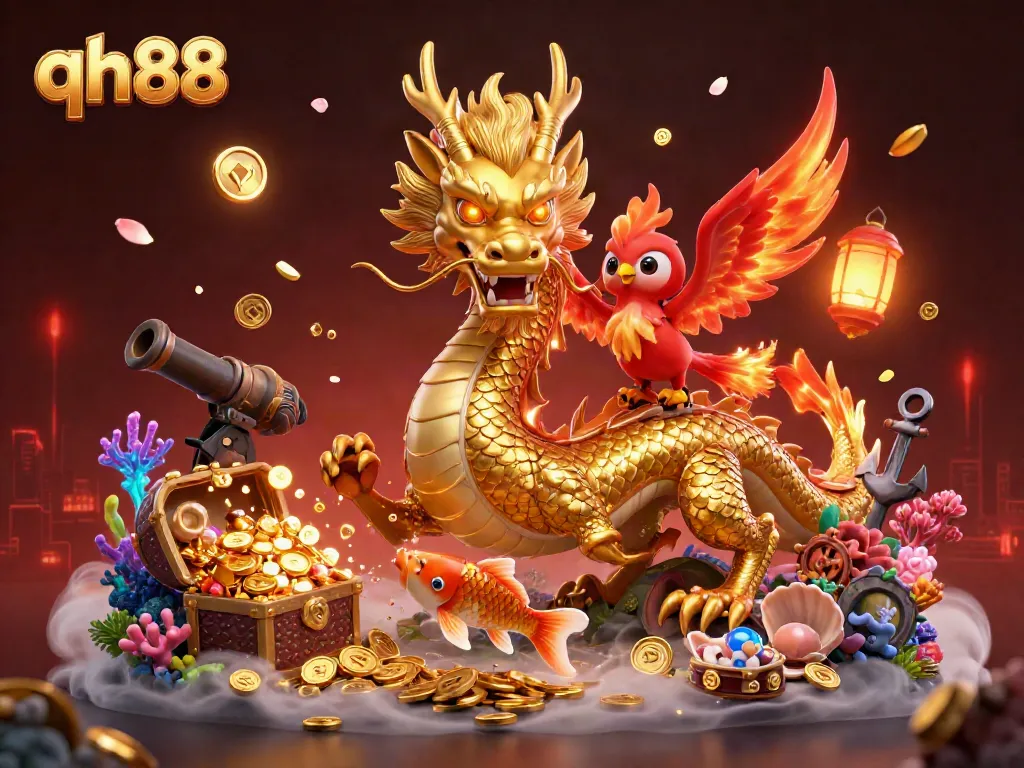 Witness the thrilling action at qh88 with a golden dragon, phoenix, and koi fish amidst a treasure-filled casino scene.