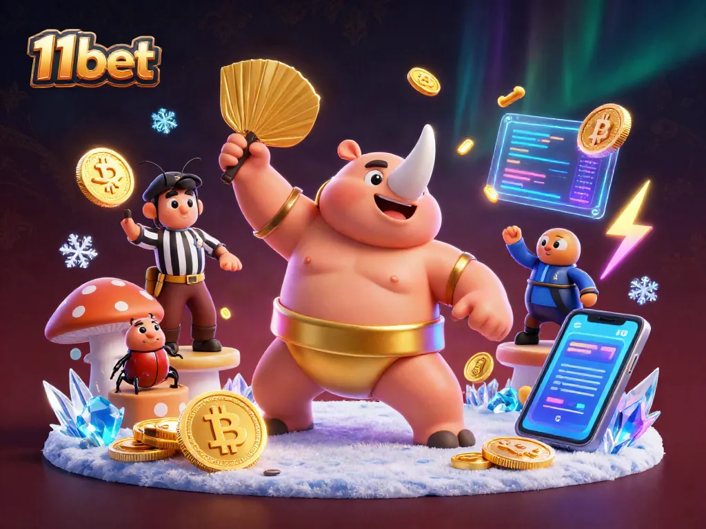 Engage with vibrant 11bet gaming action led by a rhinoceros beetle sumo champion amidst striking crypto elements.