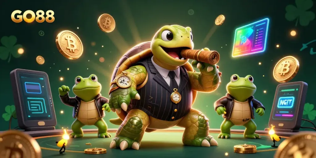 Experience dynamic gaming action with GO88 in a vivid 3D casino scene featuring unique characters and crypto elements.
