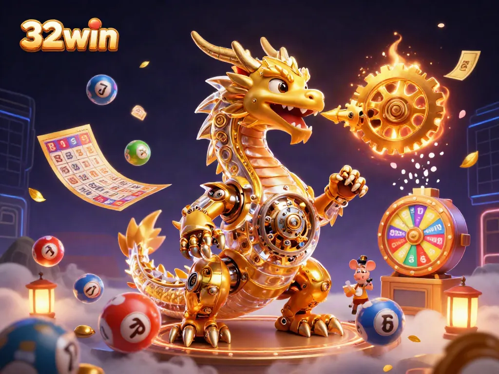Win big with 32win's thrilling casino games amidst a dynamic golden dragon scene