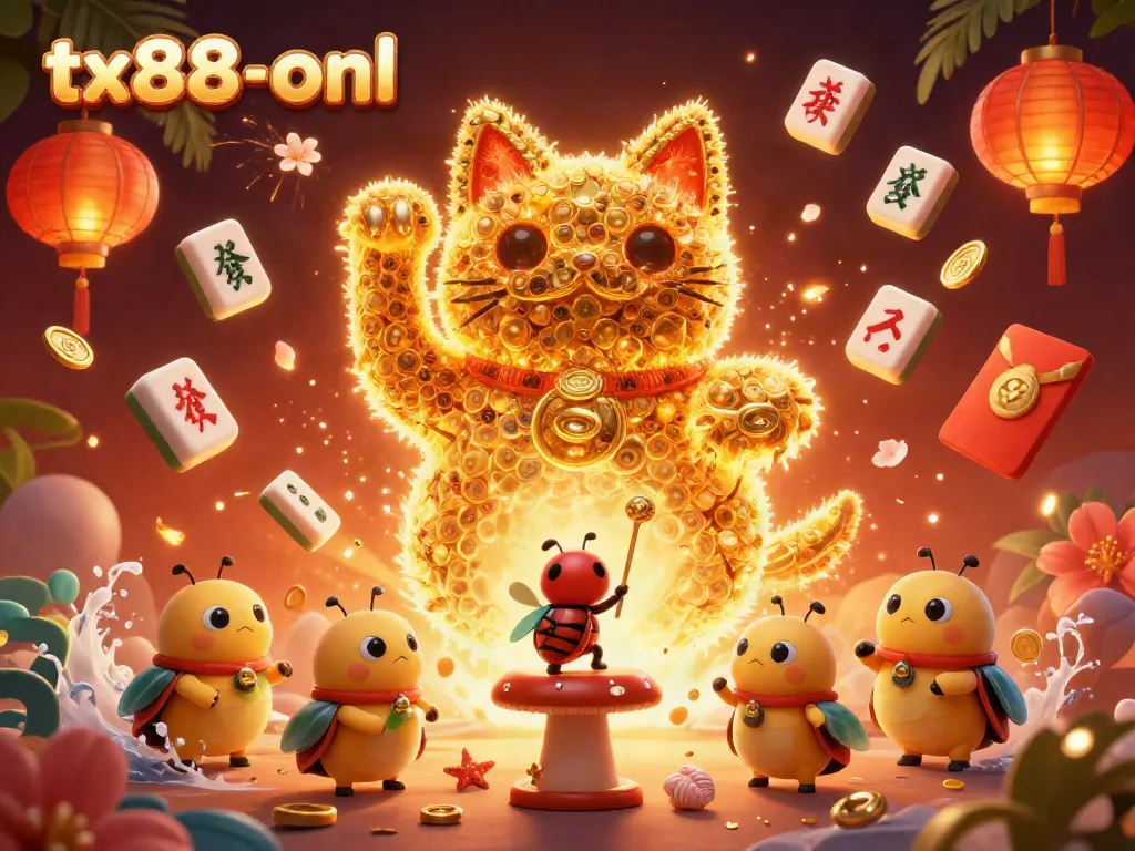 Experience vibrant gaming with tx88-onl's lucky cat and casino elements in a dazzling display.