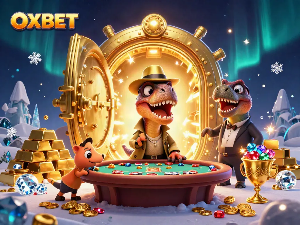 Experience thrilling gaming at OXBET featuring a clever velociraptor card counter amidst dazzling casino riches.