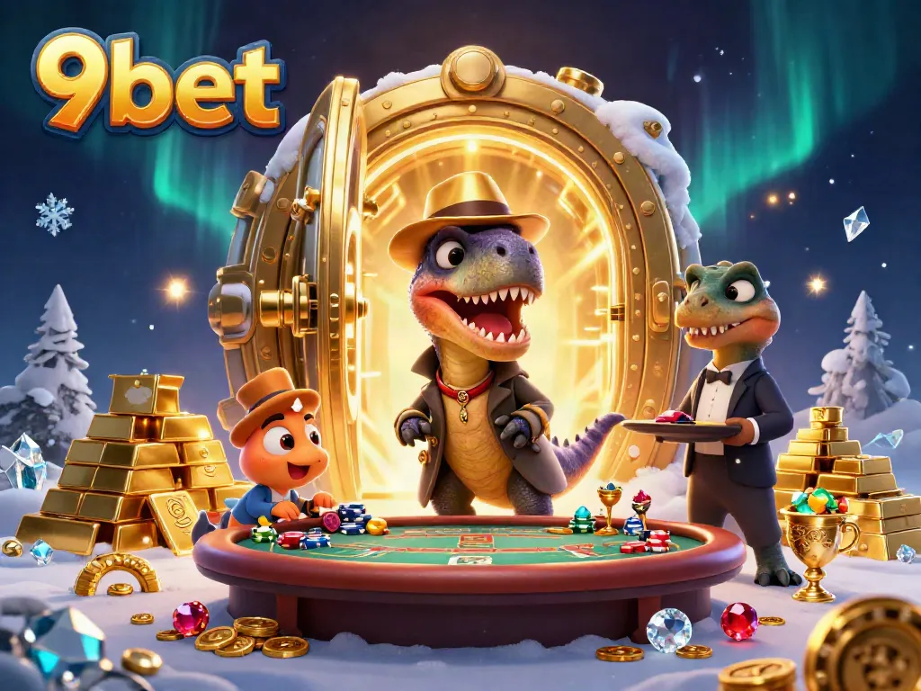 Experience thrilling gameplay with 9bet's cartoon velociraptor card counter at a blackjack table amidst a vibrant casino atmosphere.