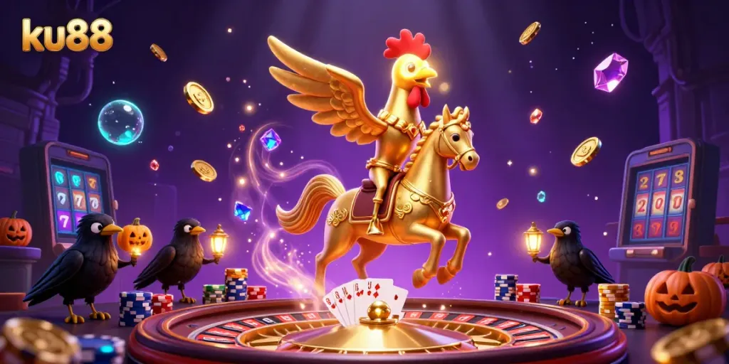 Experience thrilling gameplay at ku88 with a golden rooster mascot leading you through a vibrant casino scene.
