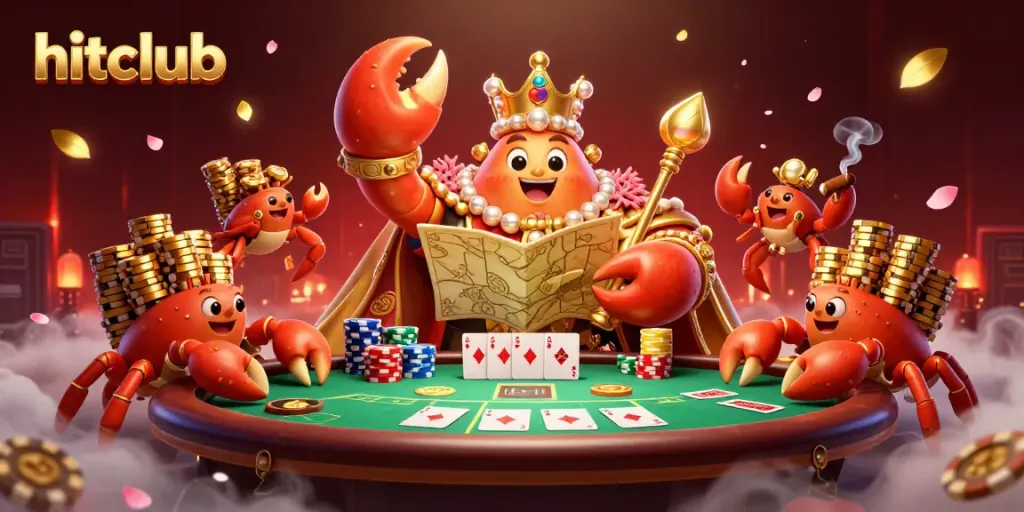 Join the hitclub card game with a regal crab emperor leading vibrant poker action in a dynamic casino scene.