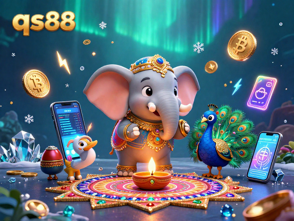 Engage with qs88's vibrant casino world featuring an elephant and peacock amidst sparkling crypto elements.