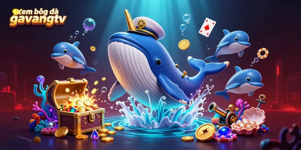 Experience xem bóng đá gavangtv through this vibrant 3D illustration featuring a whale and playful dolphins amidst golden treasures.