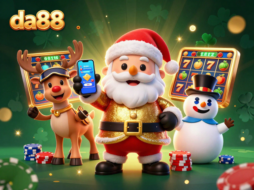 da88 promotes thrilling slot games with Santa, reindeer, and poker chip snowman in a vibrant casino scene.