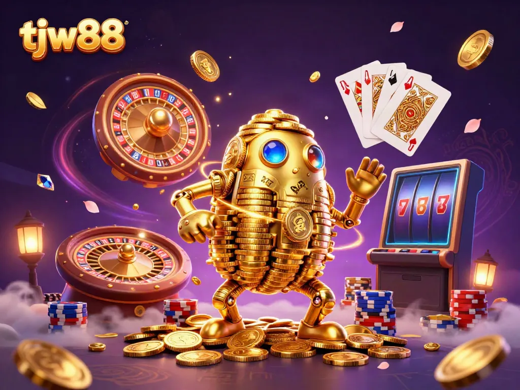 Experience the excitement of tjw88 casino games with a dynamic, vibrant 3D illustration featuring golden elements.