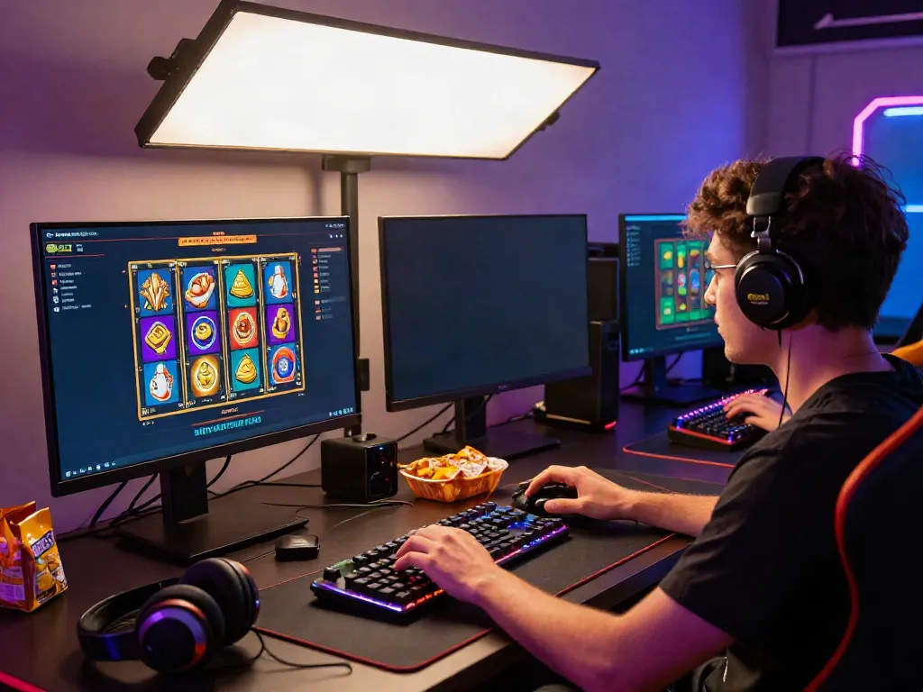 Engaging gaming setup featuring colorful slot reels on screen, showcasing situs slot gacor.