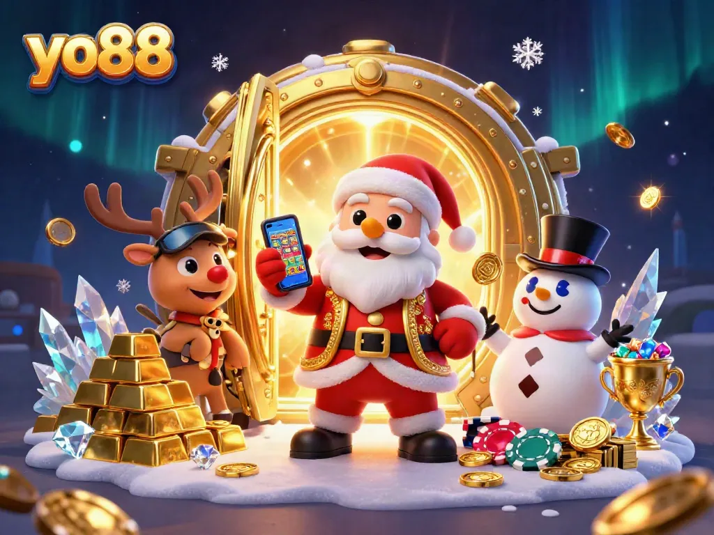 Experience the thrills of yo88 with Santa and friends showcasing jackpots amidst dazzling treasures.
