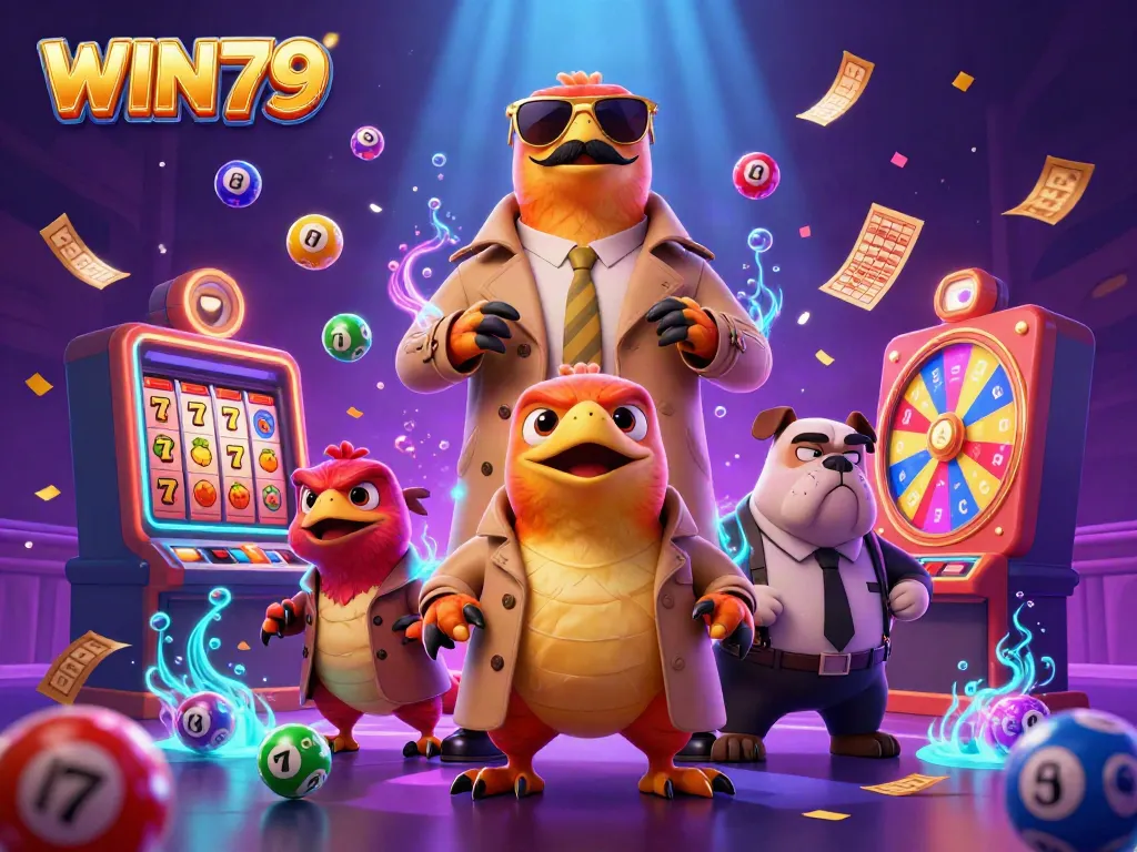 Engage in WIN79's vibrant casino atmosphere with raptors and colorful game elements surrounding them.