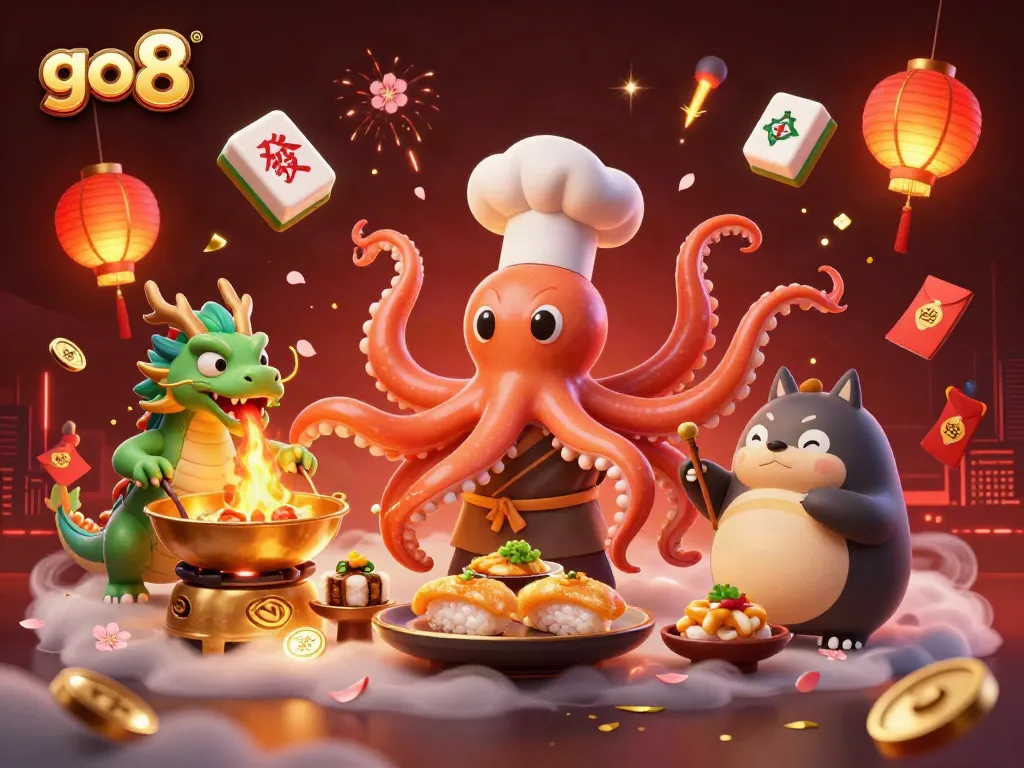 Experience thrilling go 8 casino action with an octopus chef and vibrant gaming elements.