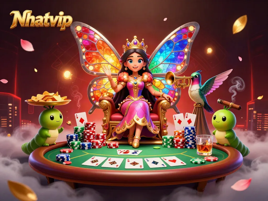 Experience thrilling gameplay with Nhatvip’s vibrant casino scene featuring a butterfly queen and dynamic poker elements.