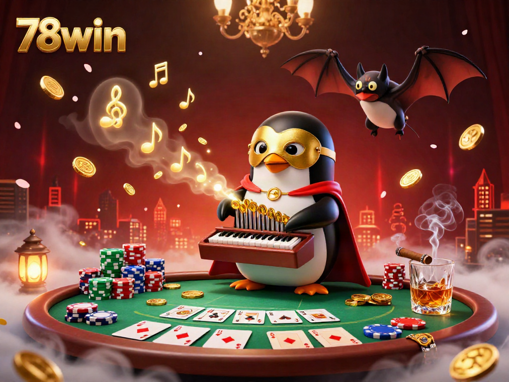 Engage in the exciting world of 78win with a fantasy scene featuring a cartoon penguin and poker action.
