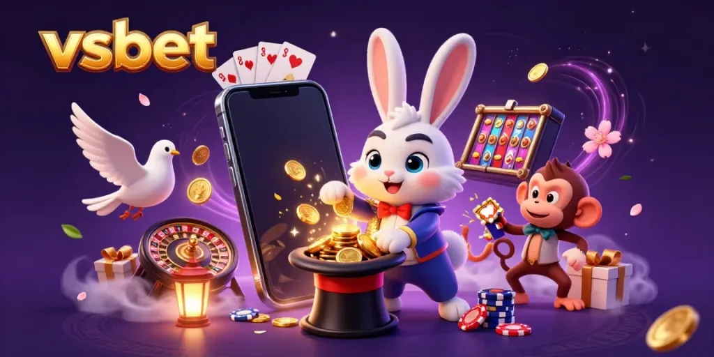 Experience the excitement of vsbet with a magician rabbit, glamorous dove, and monkey amid vibrant casino elements.