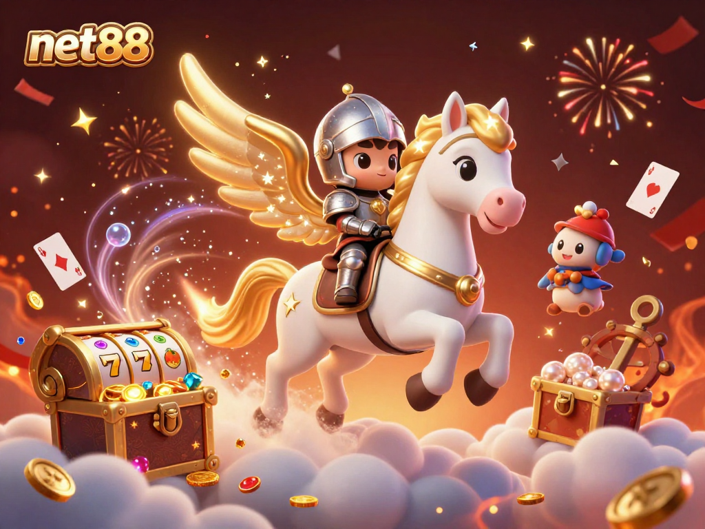 Experience the thrill of net88 with a dynamic 3D casino scene featuring magical characters and vibrant games.