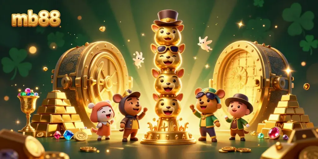 Spin and win with mb88's vibrant 3D cartoon casino illustration featuring golden treasures and exciting game elements.