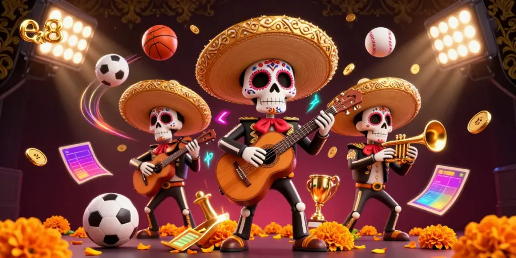 Experience ea88's thrilling gaming atmosphere with a vibrant mariachi band celebrating victory, surrounded by dynamic sports elements.