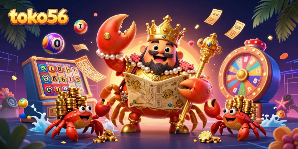 Experience exciting gameplay with the toko56 online casino featuring vibrant slot elements and a golden crab emperor.