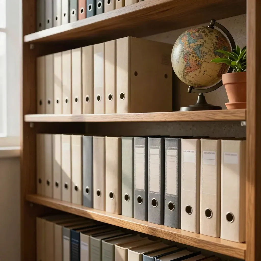 Półka biblioteczna z segregatorami, książkami, globusem i małą rośliną w miękkim świetle.