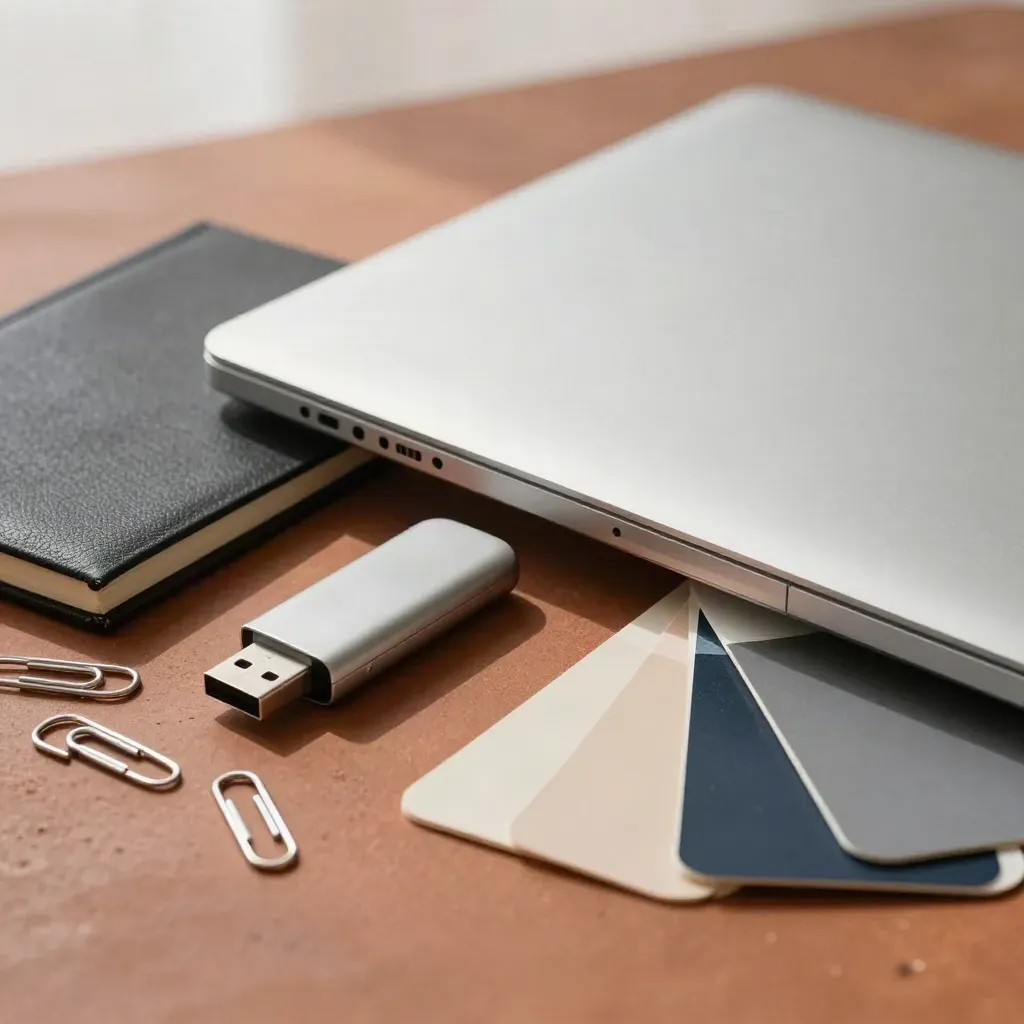 Zamknięty srebrny laptop, notatnik, pendrive i próbki kolorów na terakotowym blacie.