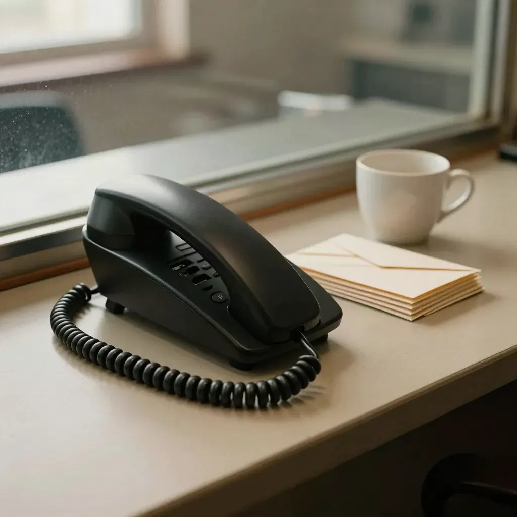 Słuchawka telefonu, koperty i kubek na jasnym blacie recepcji w miękkim świetle.