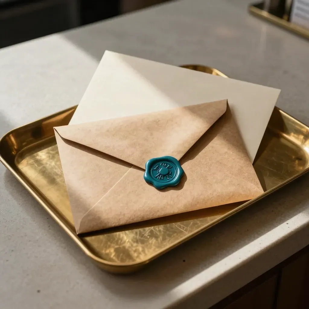 Brązowa taca inbox z kopertą i kartą na jasnym kamiennym blacie