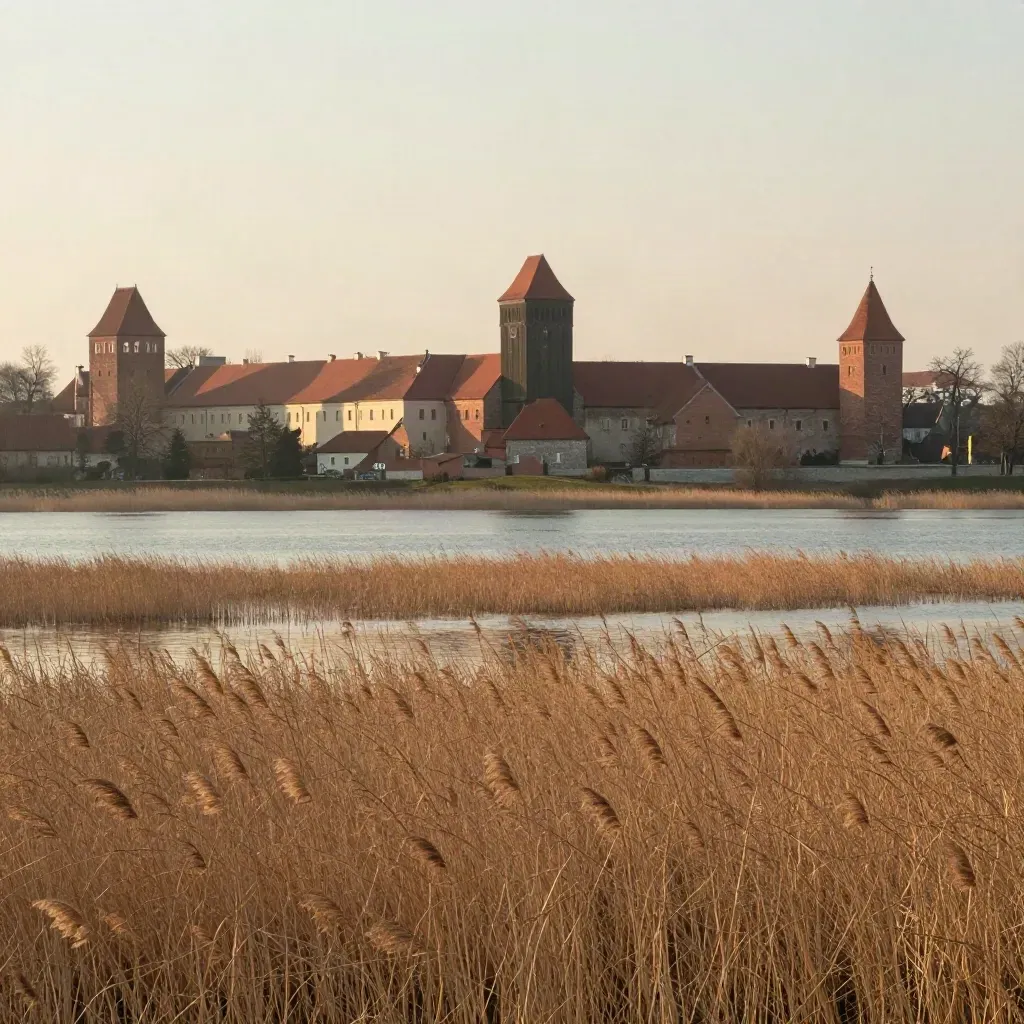 Poznań na horyzoncie nad mokradłami i trzcinami w porannym świetle.