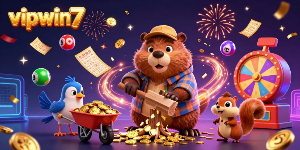 Experience the excitement of vipwin7 with vibrant lottery elements and cheerful characters in a dynamic scene.