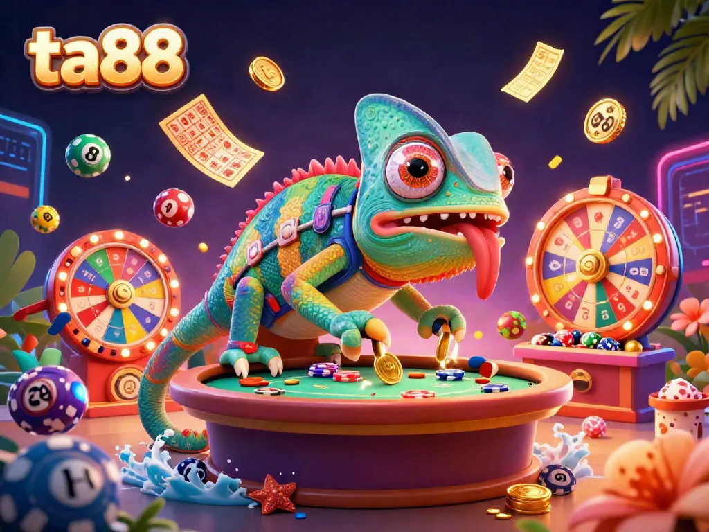 Join the ta88 casino adventure with a colorful chameleon and dynamic lottery elements illustrating vibrant gaming excitement.